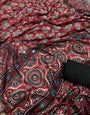 Beguiling Red Crape Silk Ajrakh Printed Mirror Work Saree