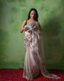 Forbearance Off White Organza Silk Printed Hand Work Saree