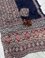 Prominent Navy Blue Crape Silk Ajrakh Printed Mirror Work Saree