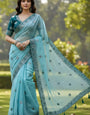 Exquisite Sky Organza Silk Saree With Brood Full Stitched Blouse