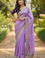 Resplendent Lavender Embroidery Work Cursh Silk Saree With Delectable Full Stitched Blouse