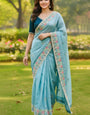 Profuse Sky Embroidery Work Cursh Silk Saree With Tantalizing Full Stitched Blouse