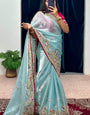 Ornate Sky Embroidery Work Jimmy Choo Silk Saree With Adoring Blouse Piece