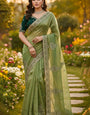 Imbrication Green Embroidery Work Chiffon Silk Saree With Opulent Full Stitched Blouse