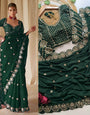 Delightful Dark Green Embroidery Work Soft Georgette Silk Saree With Murmurous Full Stitched Blouse