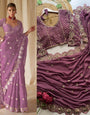 Captivating Lavender Embroidery Work Soft Georgette Silk Saree With Luxuriant Full Stitched Blouse