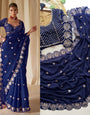Sensational Navy Blue Embroidery Work Soft Georgette Silk Saree With Bucolic Full Stitched Blouse