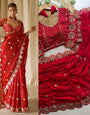 Artistic Red Embroidery Work Soft Georgette Silk Saree With Eloquence Full Stitched Blouse