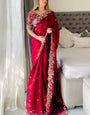 Confounding Dark Pink Embroidery Work Fancy Silk Saree With Felicitous Full Stitched Blouse