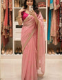 Gorgeous Pink Embroidery Work Jimmy Choo Silk Saree With Cynosure Full Stitched Blouse