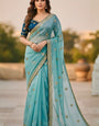 Ethnic Sky Embroidery Work Jimmy Choo Silk Saree With Radiant Full Stitched Blouse