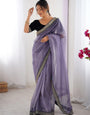 Energetic Lavender Twill Net Embroidery Work Saree With Velvet Blouse Piece