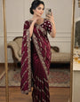 Ethereal Wine Fendy Silk Sequence Embroidery Work Saree With Stitched Blouse