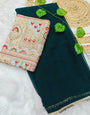 Beleaguer Dark Green Georgette Silk Saree With Embroidery Work Blouse Piece