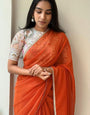 Fantabulous Orange Georgette Silk Saree With Embroidery Work Blouse Piece