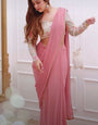 Amiable Pink Georgette Silk Saree With Embroidery Work Blouse Piece