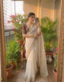 Unique Beige Fendy Silk Sequence Embroidery Work Saree With Stitched Blouse