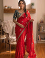 Winsome Red Fandy Silk Sequence Embroidery Work Saree With Stitched Blouse