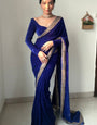 Ephemeral Royal Blue 1 Minute Ready To Wear Velvet Saree With Blouse Piece