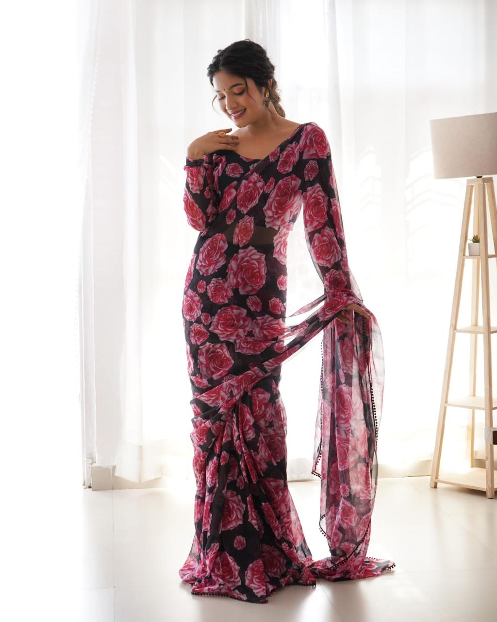 Flattering 1-Minute Ready To Wear Black Georgette Saree