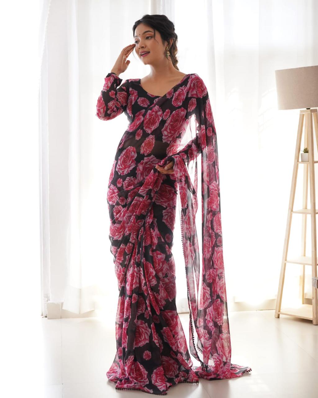 Flattering 1-Minute Ready To Wear Black Georgette Saree