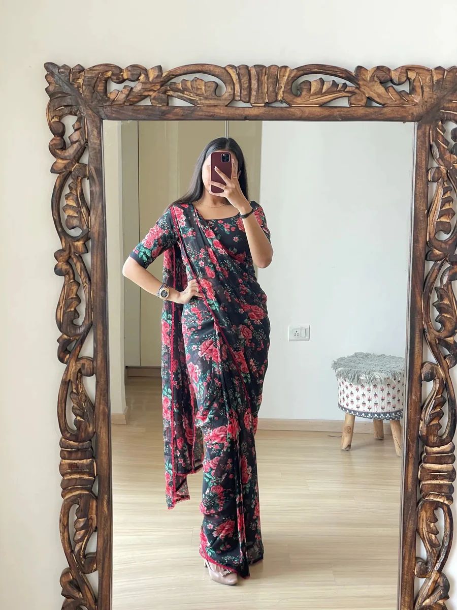 Diaphanous 1-Minute Ready To Wear Black Georgette Saree