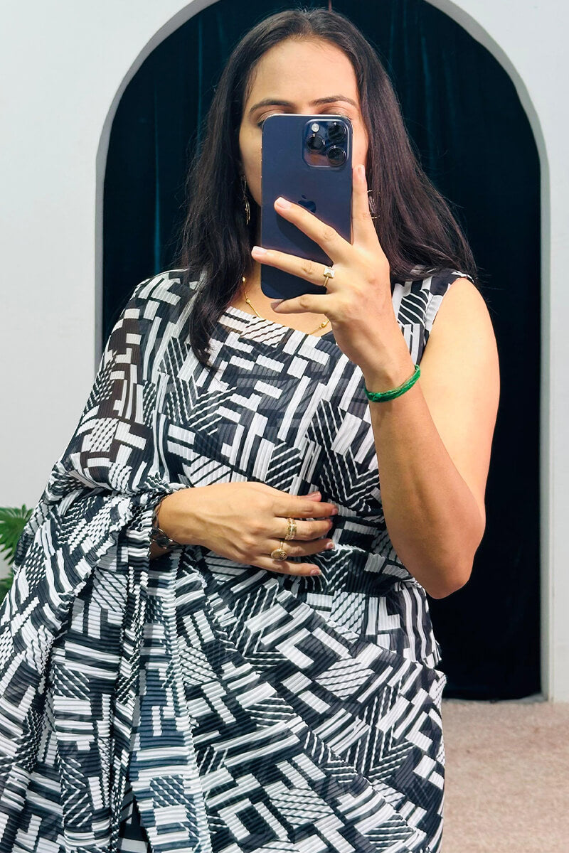 Majesty Black And White 1-Minute Ready To Wear Georgette Gown Saree