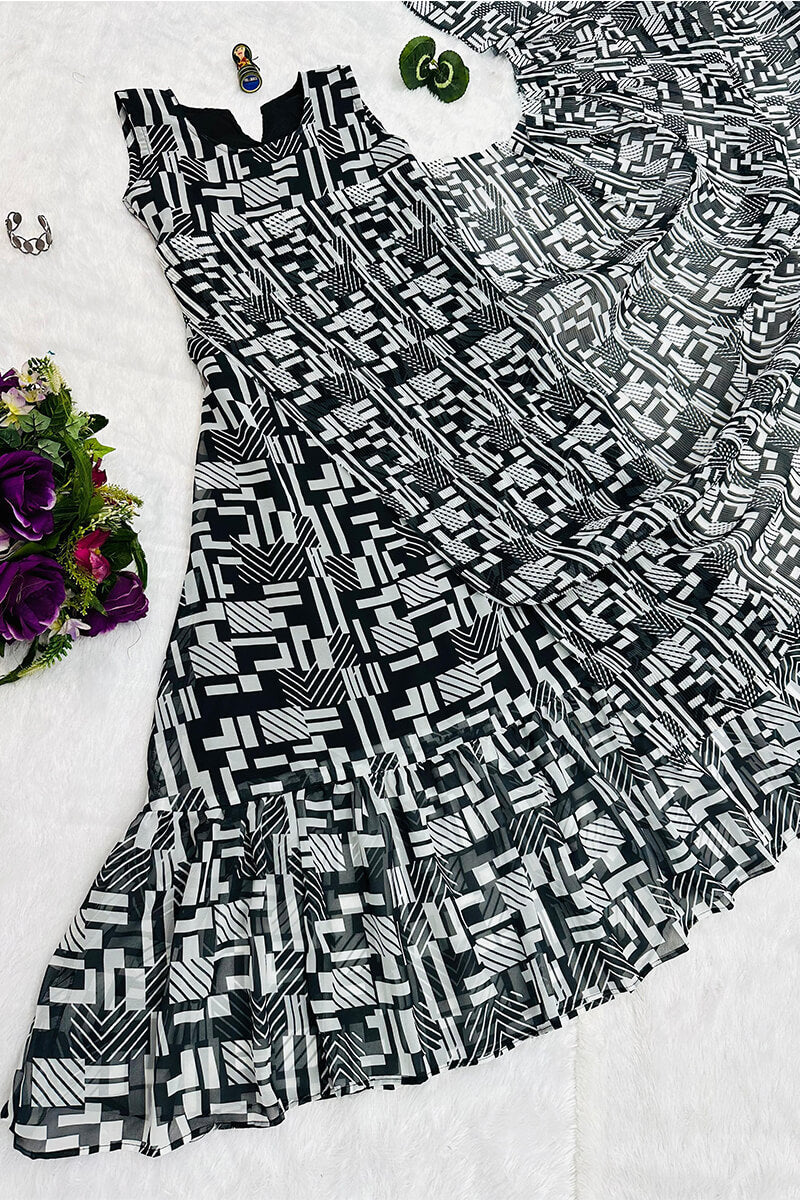 Majesty Black And White 1-Minute Ready To Wear Georgette Gown Saree