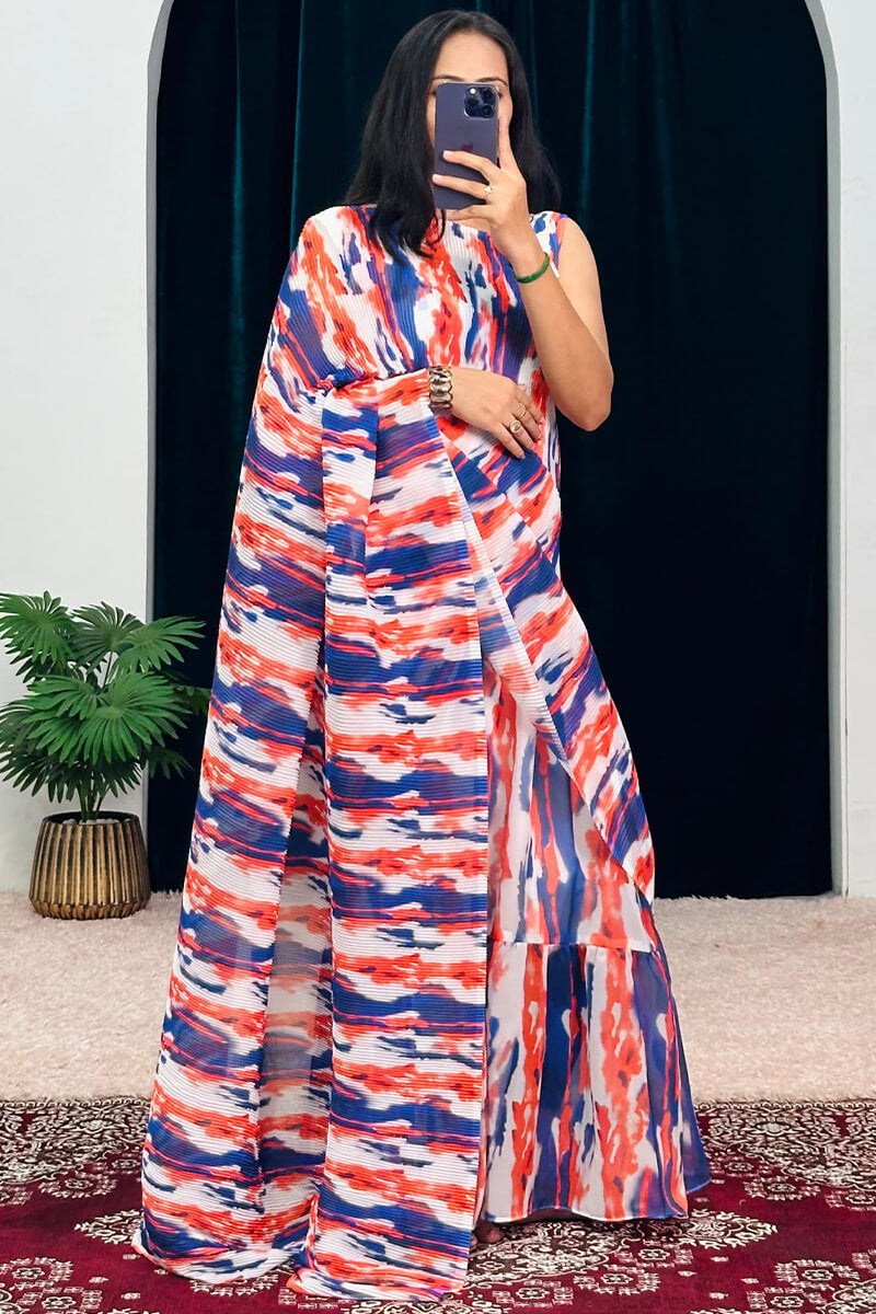 Serendipity Blue and Orange 1-Minute Ready To Wear Georgette Gown Saree