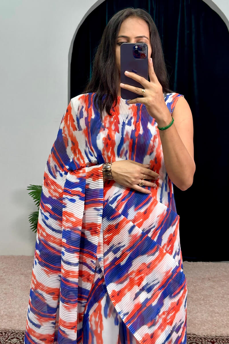 Serendipity Blue and Orange 1-Minute Ready To Wear Georgette Gown Saree