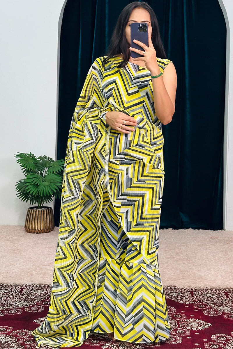 Tantalizing Lemon Yellow 1-Minute Ready To Wear Georgette Gown Saree