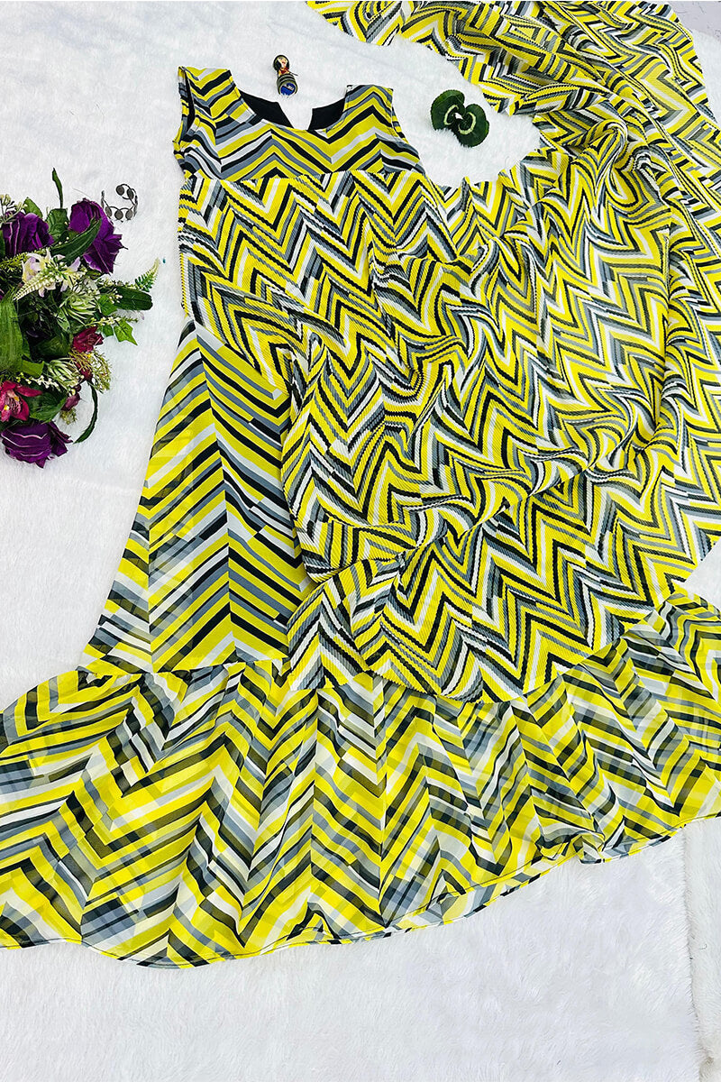 Tantalizing Lemon Yellow 1-Minute Ready To Wear Georgette Gown Saree