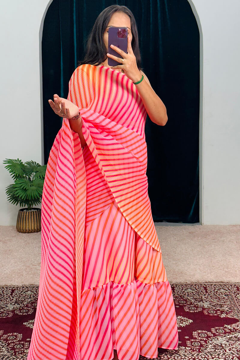 Denouement Pink 1-Minute Ready To Wear Georgette Gown Saree
