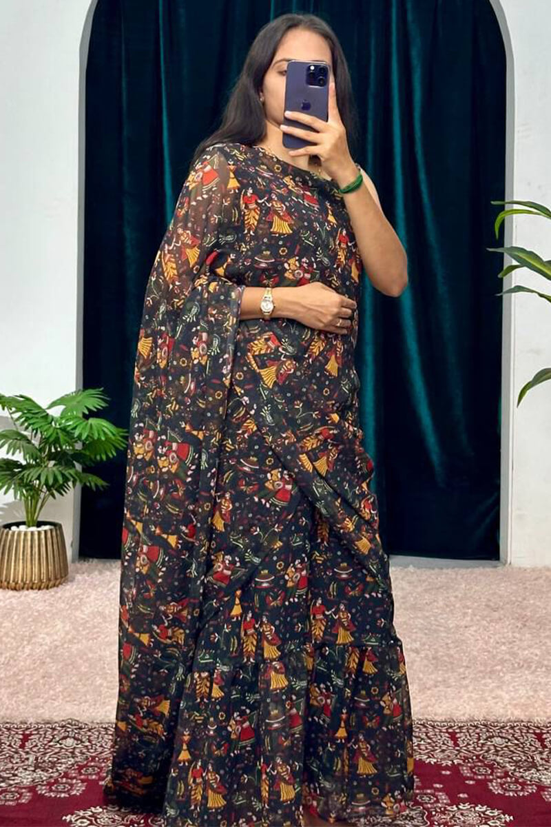 Pretty Black 1-Minute Ready To Wear Georgette Gown Saree