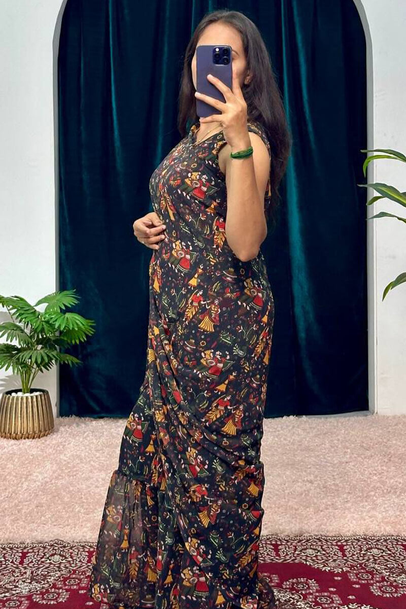 Pretty Black 1-Minute Ready To Wear Georgette Gown Saree