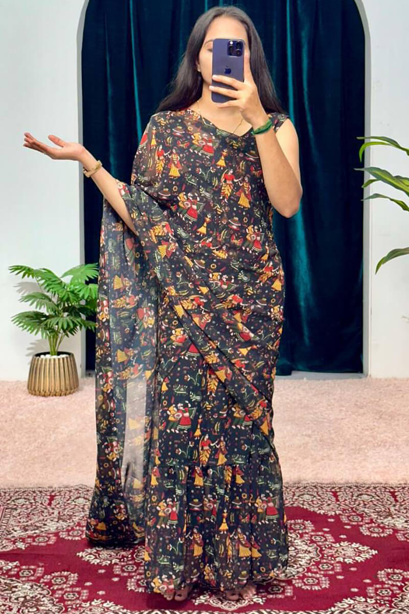 Pretty Black 1-Minute Ready To Wear Georgette Gown Saree