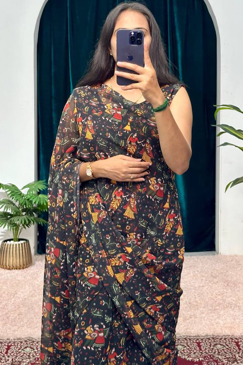 Pretty Black 1-Minute Ready To Wear Georgette Gown Saree