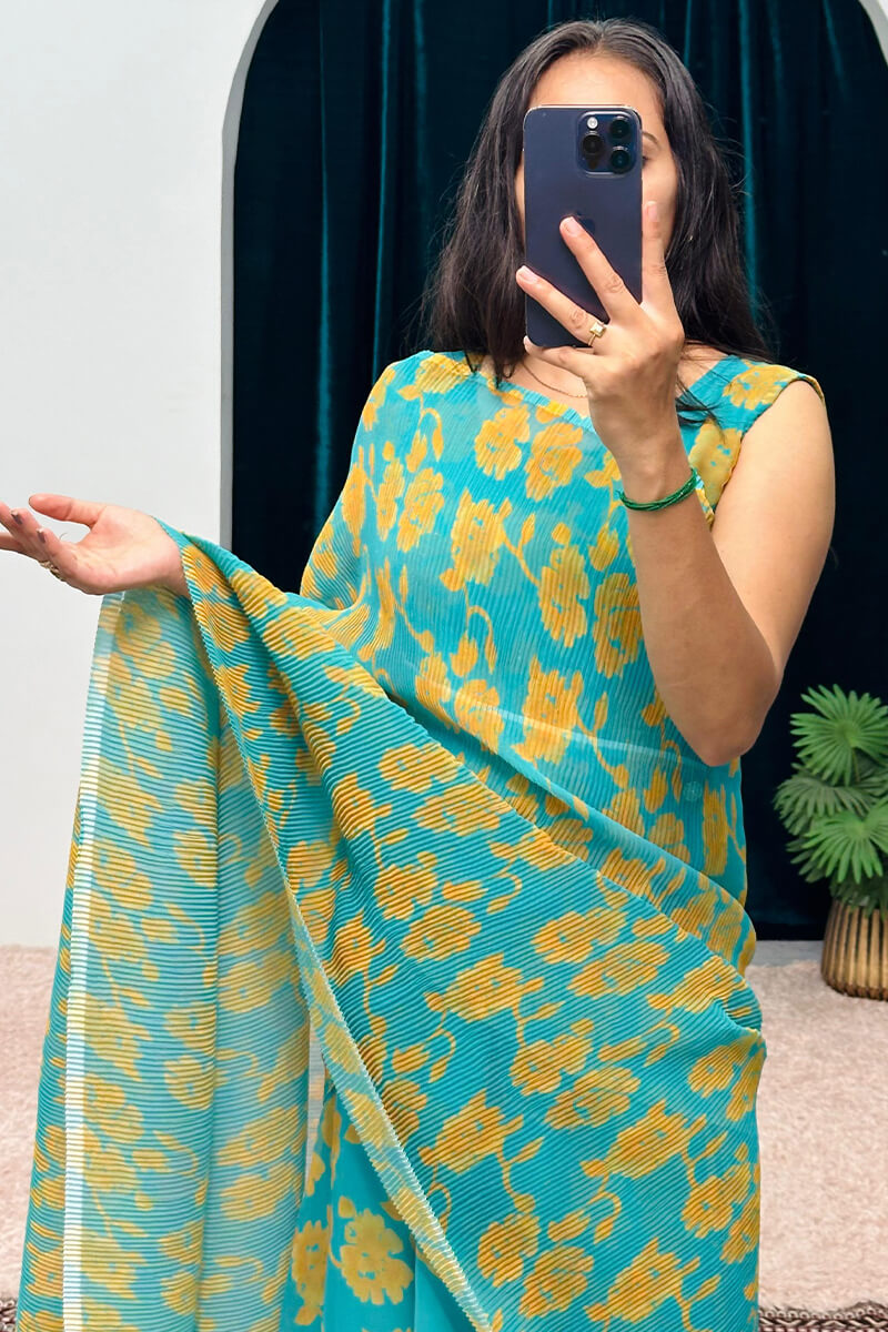 Blissful Turquoise 1-Minute Ready To Wear Georgette Gown Saree