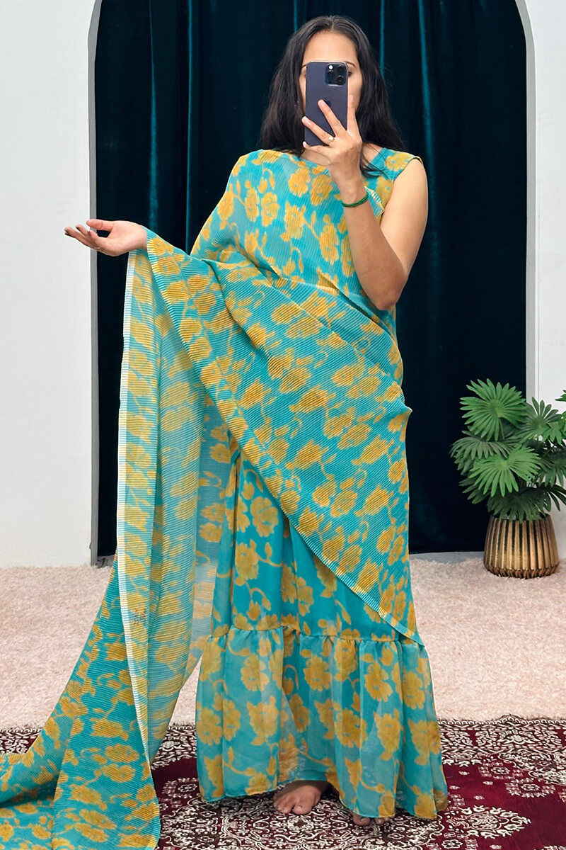 Blissful Turquoise 1-Minute Ready To Wear Georgette Gown Saree