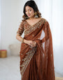 Snazzy Brown Fandy Chiffon Silk Sequence Embroidery Work Saree