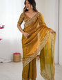 Nectarous Golden Fandy Chiffon Silk Sequence Embroidery Work Saree