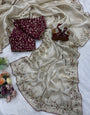 Confounding Beige Jimmy Choo Sequence Embroidery Work Saree With Stitched Blouse