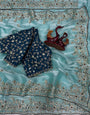 Exquisite Sky Jimmy Choo Sequence Embroidery Work Saree With Stitched Blouse