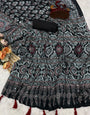Majestic Black Crape Silk Ajrakh Printed Mirror Work Saree