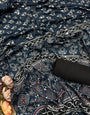 Comely Blue Crape Silk Ajrakh Printed Mirror Work Saree