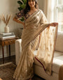 Scintilla Beige Fandy Silk Sequence Embroidery Work Saree With Stitched Blouse