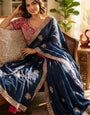 Efflorescence Navy Blue Fandy Silk Sequence Embroidery Work Saree With Stitched Blouse