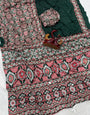 Amazing Dark Green Crape Silk Ajrakh Printed Mirror Work Saree