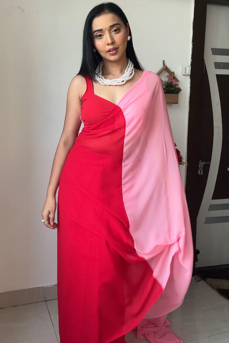 Resonant 1-Minute Ready To Wear Red and Pink Georgette Saree