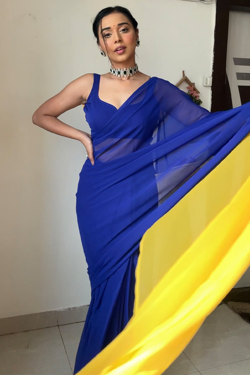 Exquisite 1-Minute Ready To Wear Blue And Yellow Georgette Saree